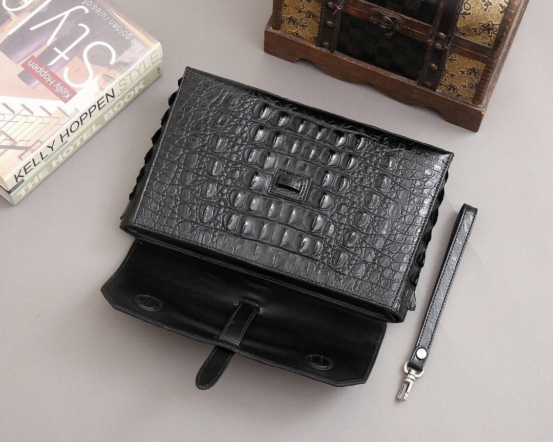 Rossie Viren crocodile bone leather clutch bag with sleek design and textured surface, perfect for elegant evening accessories.