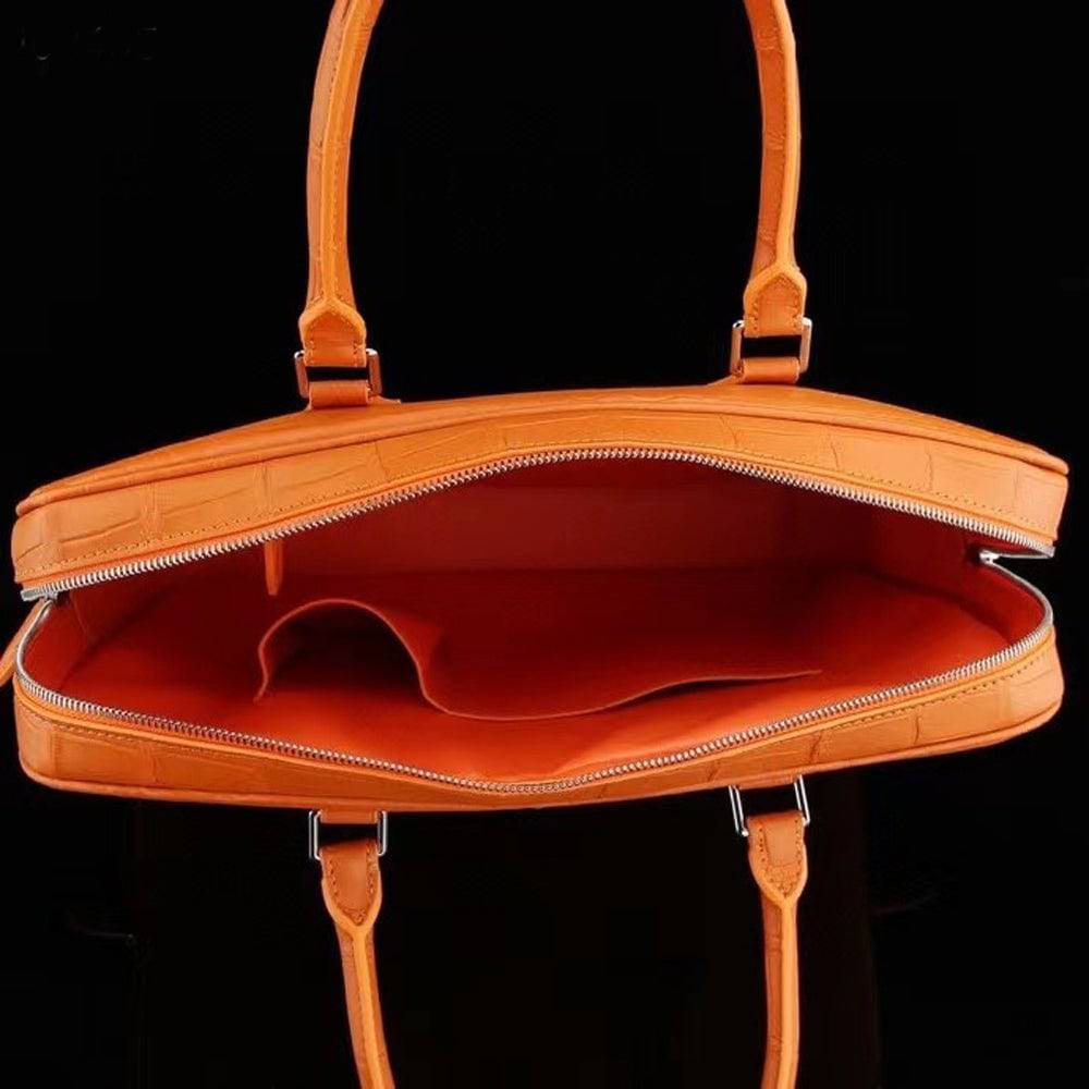 Orange genuine crocodile skin leather briefcase for laptops, stylish Rossie Viren crocodile briefcase with textured finish.
