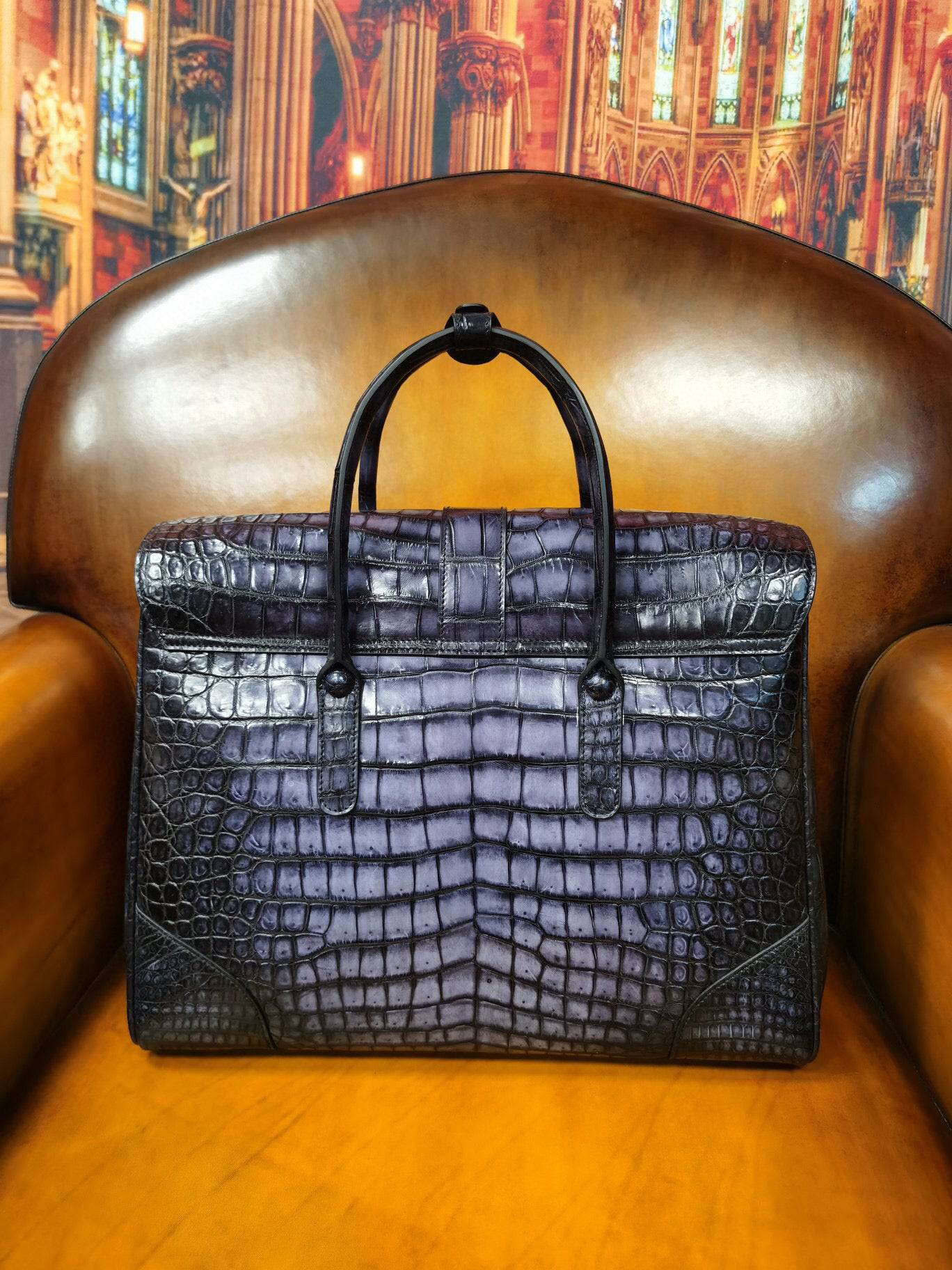 Vintage grey genuine crocodile leather briefcase by Rossie Viren, featuring a sleek design and sturdy handle for laptop storage.