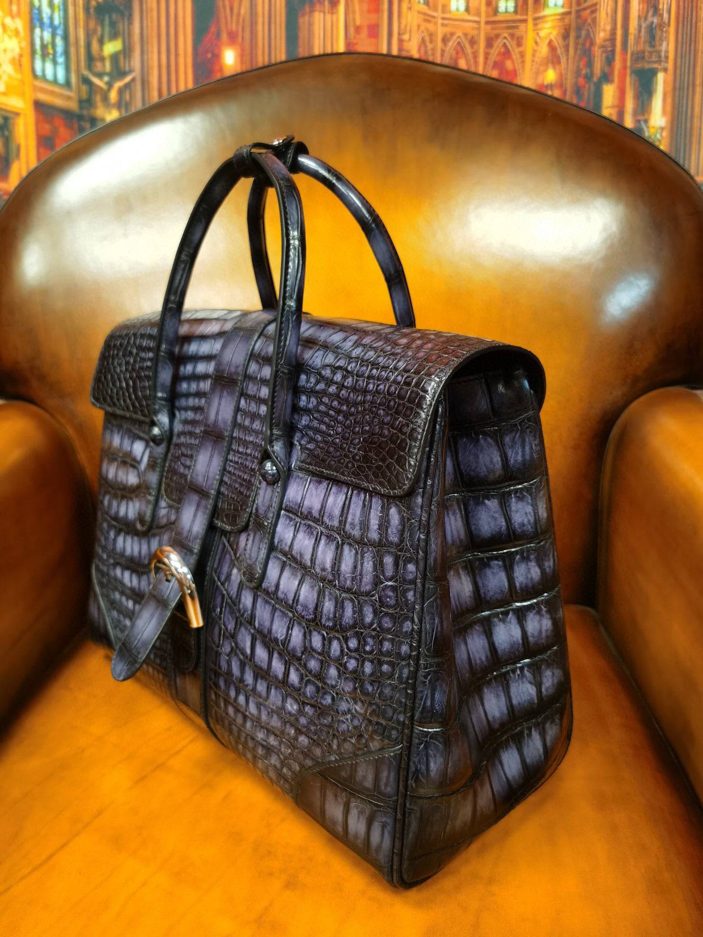 Vintage grey Rossie Viren crocodile briefcase made from genuine crocodile leather with a sleek, professional design.