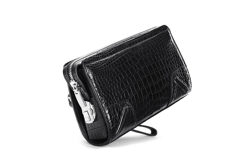 Rossie Viren crocodile belly leather business clutch wallet with code lock and wrist strap for secure carrying.