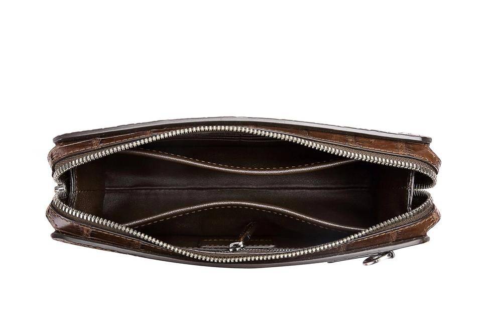 Rossie Viren crocodile center belly leather clutch wallet with wrist strap and secure code lock for business or casual use.