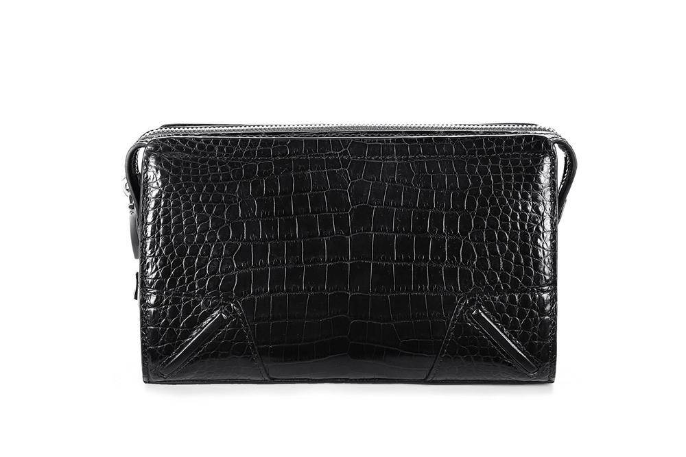 Rossie Viren crocodile leather clutch wallet with wrist strap, center belly design, featuring a secure code lock.
