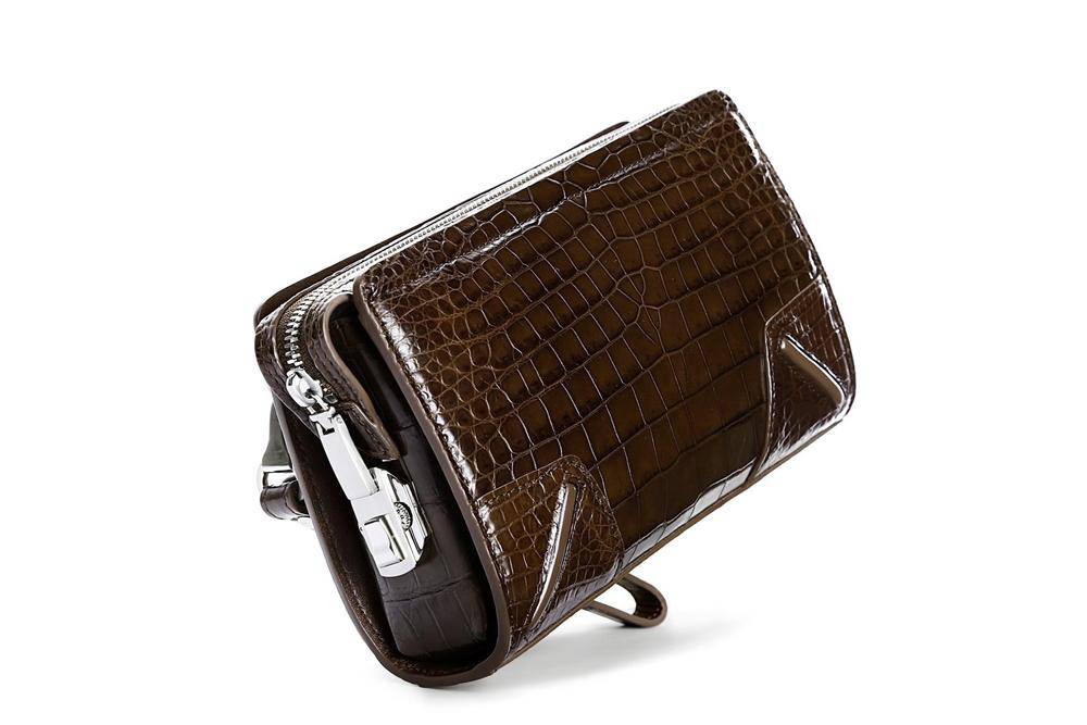 Rossie Viren crocodile center belly leather clutch wallet with wrist strap and secure code lock, stylish business accessory.