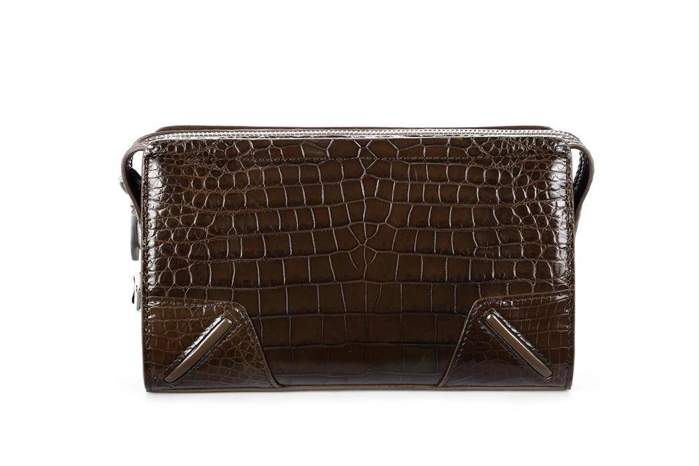 Rossie Viren crocodile belly leather clutch wallet with wrist strap, featuring a business code lock and sleek design.