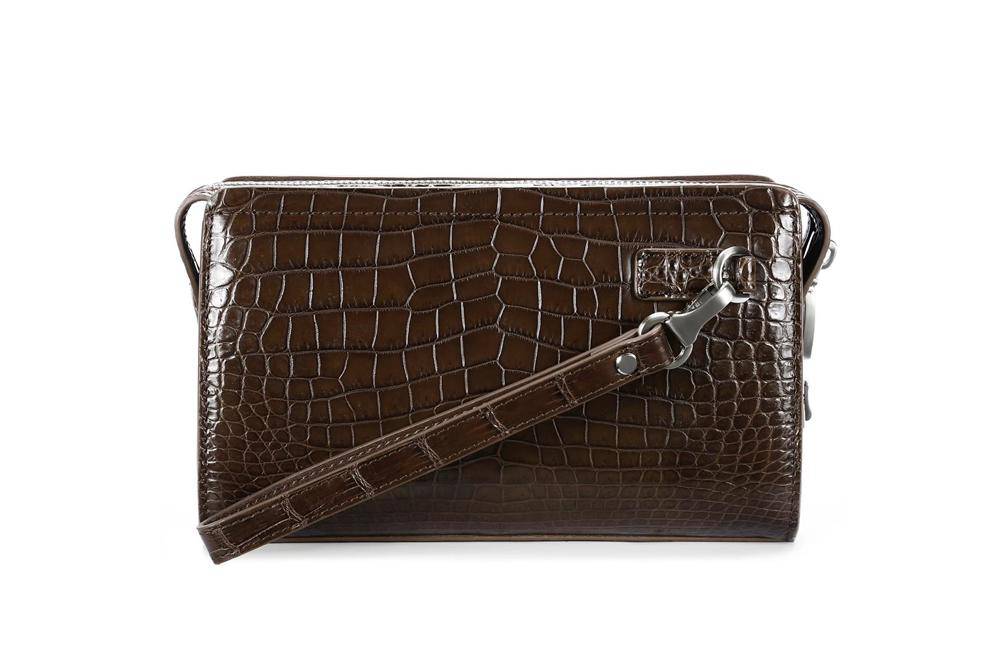 Rossie Viren crocodile belly leather clutch wallet with code lock and wrist strap, stylish and secure for business or casual use.