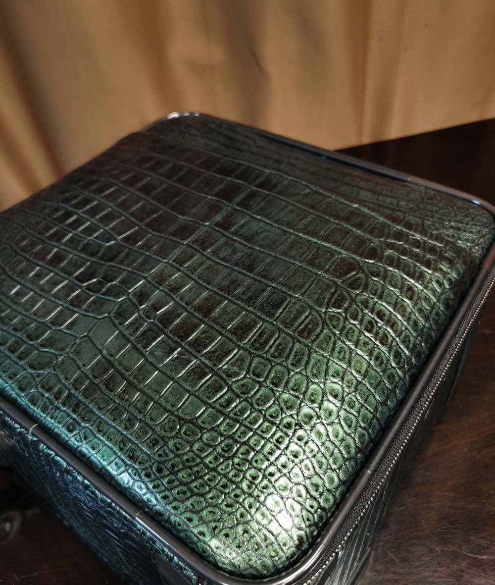 Dark green crocodile leather 15-inch mini carry-on suitcase by Rossie Viren, with a sleek hard-shell design and metal handle.