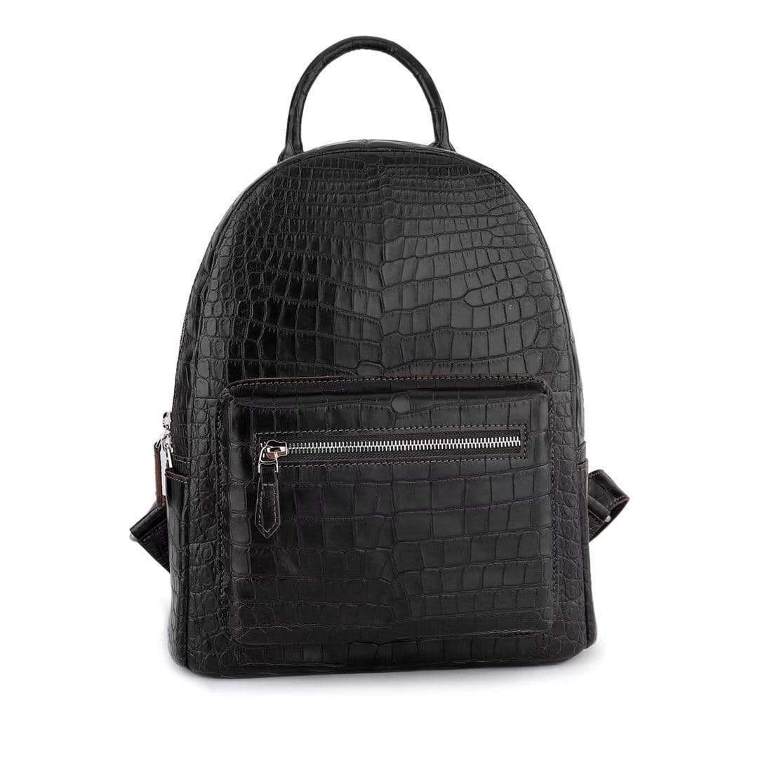 Black crocodile leather backpack handbag for women by Rossie Viren, showing the textured crocodile pattern and adjustable straps.