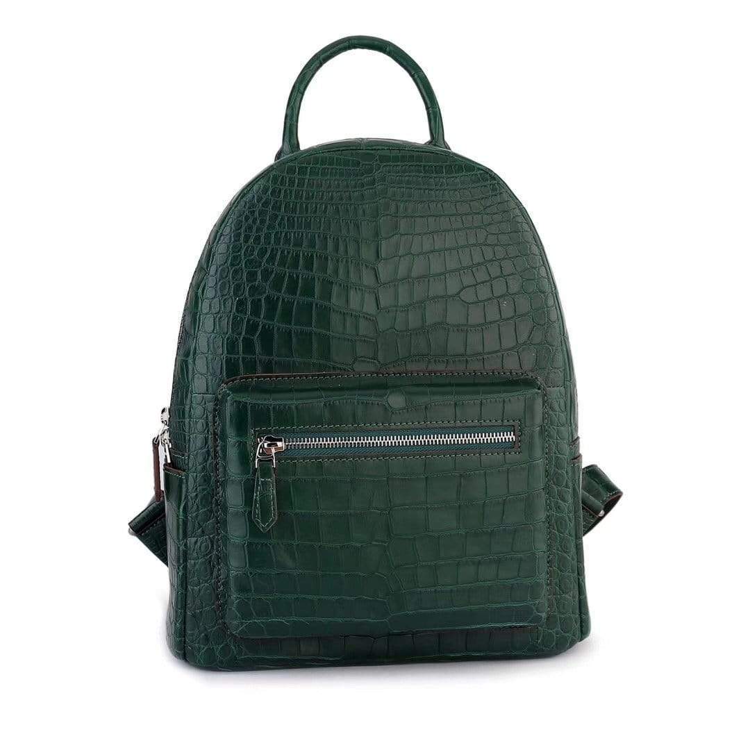 Dark green crocodile leather handbag by Rossie Viren, stylish women's backpack with textured crocodile pattern and sturdy straps.