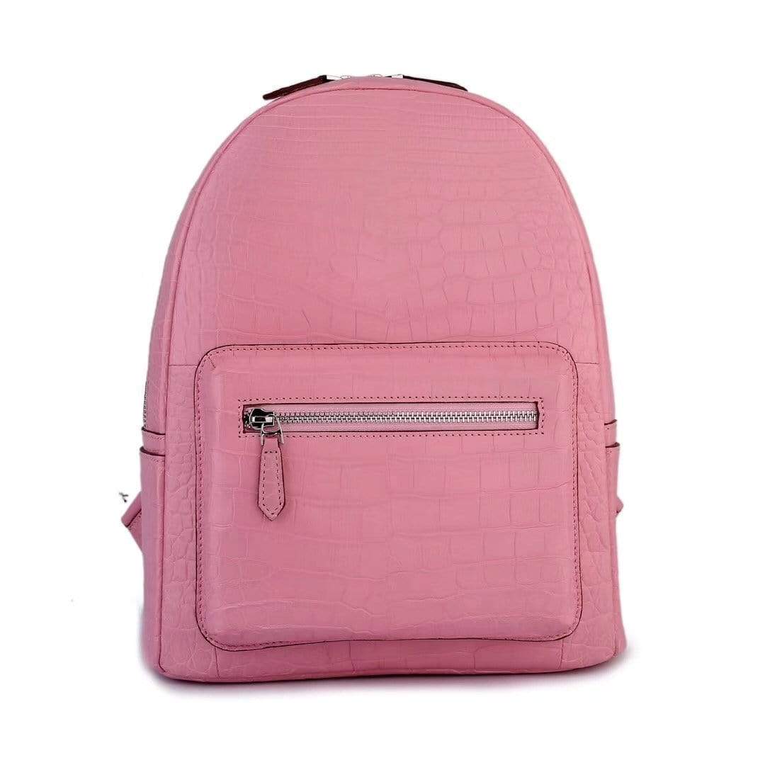 Pink crocodile leather handbag for women by Rossie Viren, stylish backpack with textured crocodile pattern.