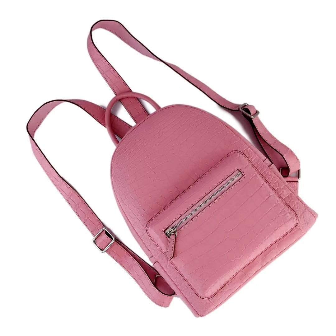 Pink crocodile leather handbag for women by Rossie Viren, stylish backpack with textured crocodile pattern and adjustable straps.