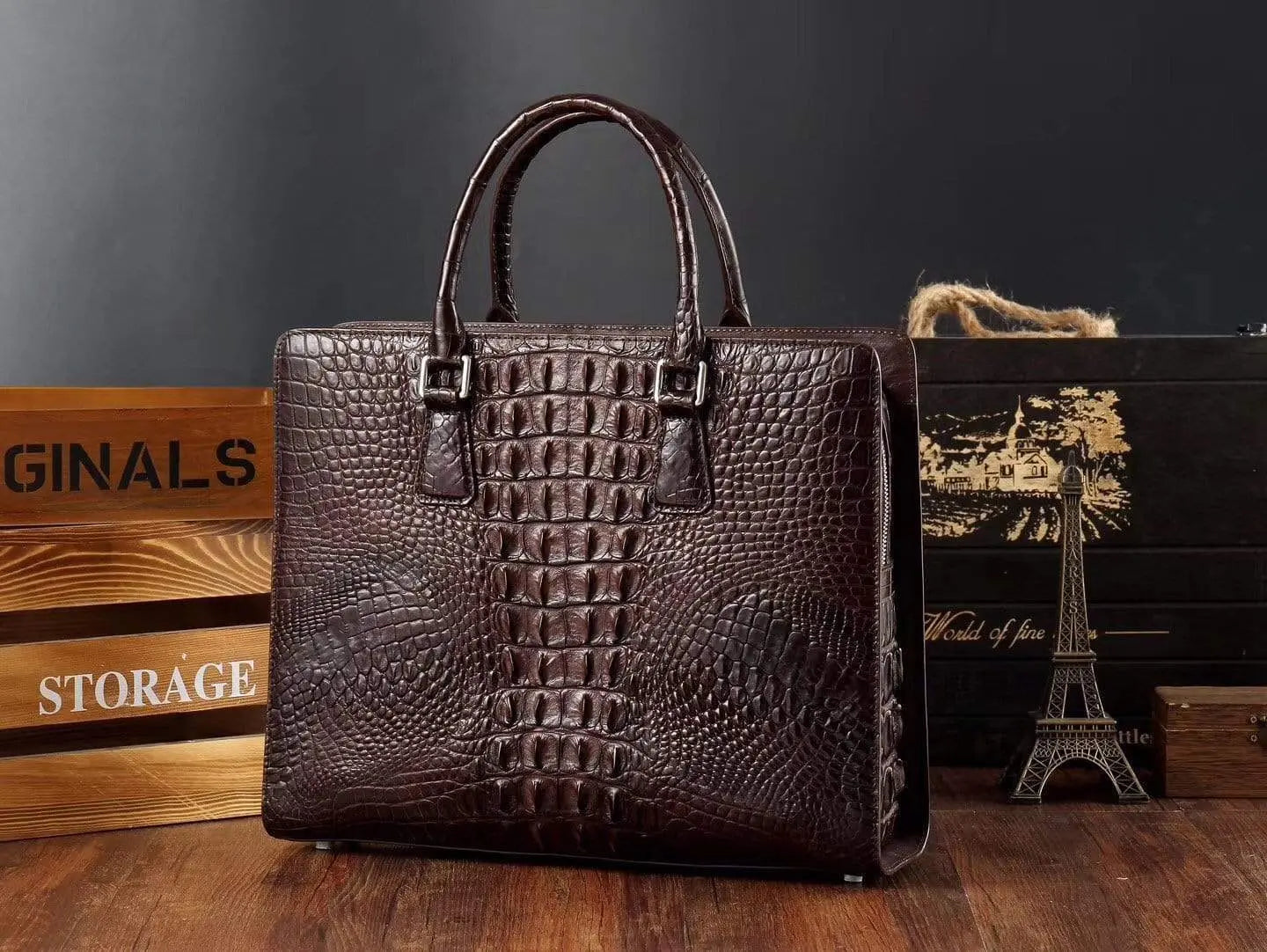 Rossie Viren crocodile leather briefcase handbag with sturdy handles and sleek design, showcasing luxurious textured crocodile pattern.
