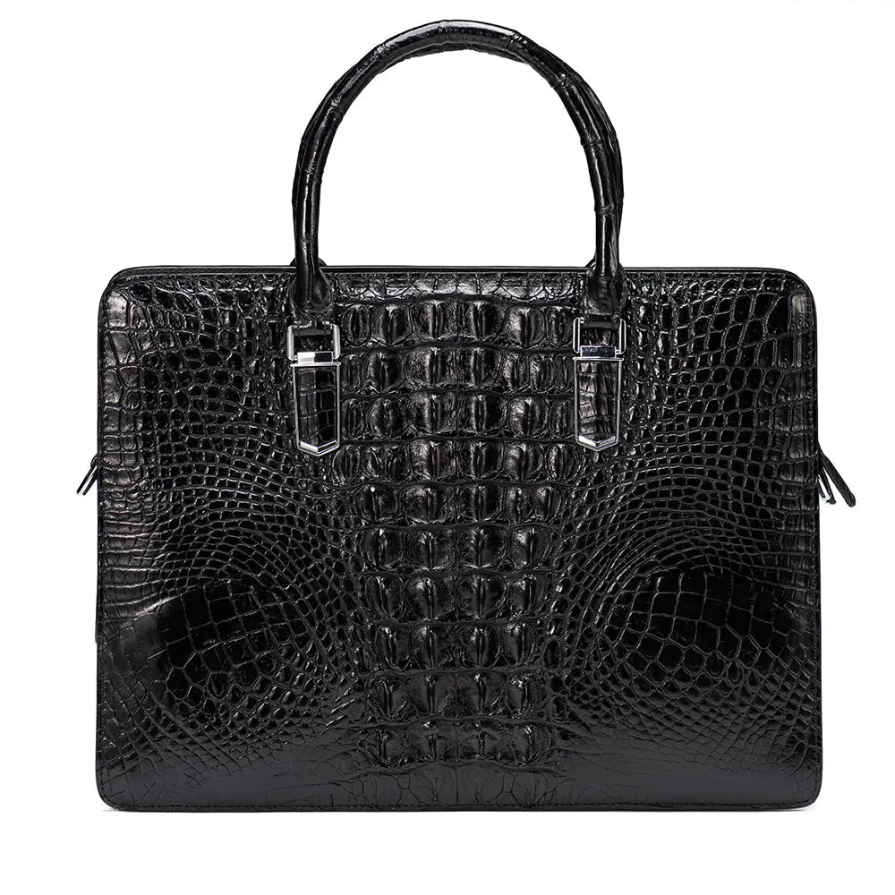 Rossie Viren crocodile leather briefcase handbag with a handle, designed for carrying laptops and computers in a stylish manner.