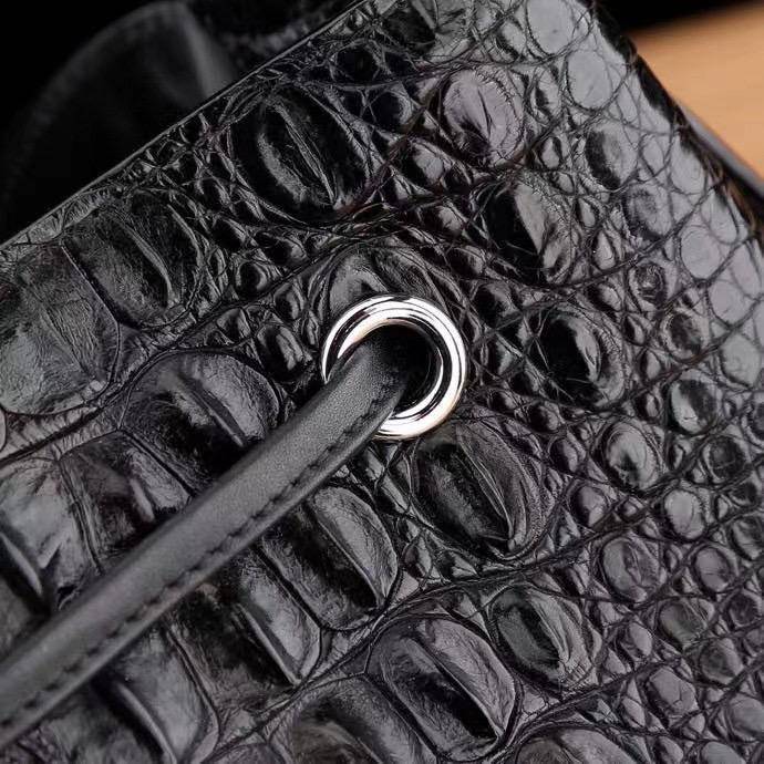 Rossie Viren crocodile leather bucket handbag with drawstring, crossbody strap, and hobo tote style for women.