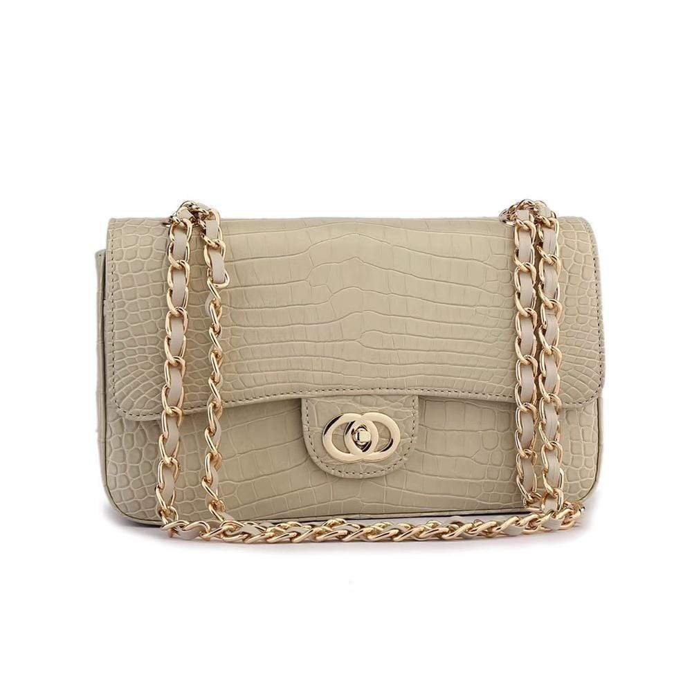 Beige crocodile leather shoulder handbag with classic flap and chain strap by Rossie Viren for women.