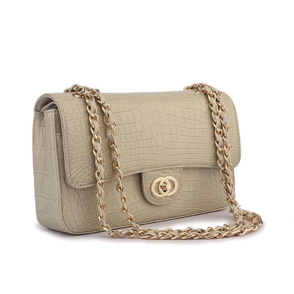 Beige crocodile leather shoulder handbag with classic flap and chain strap for women by Rossie Viren.