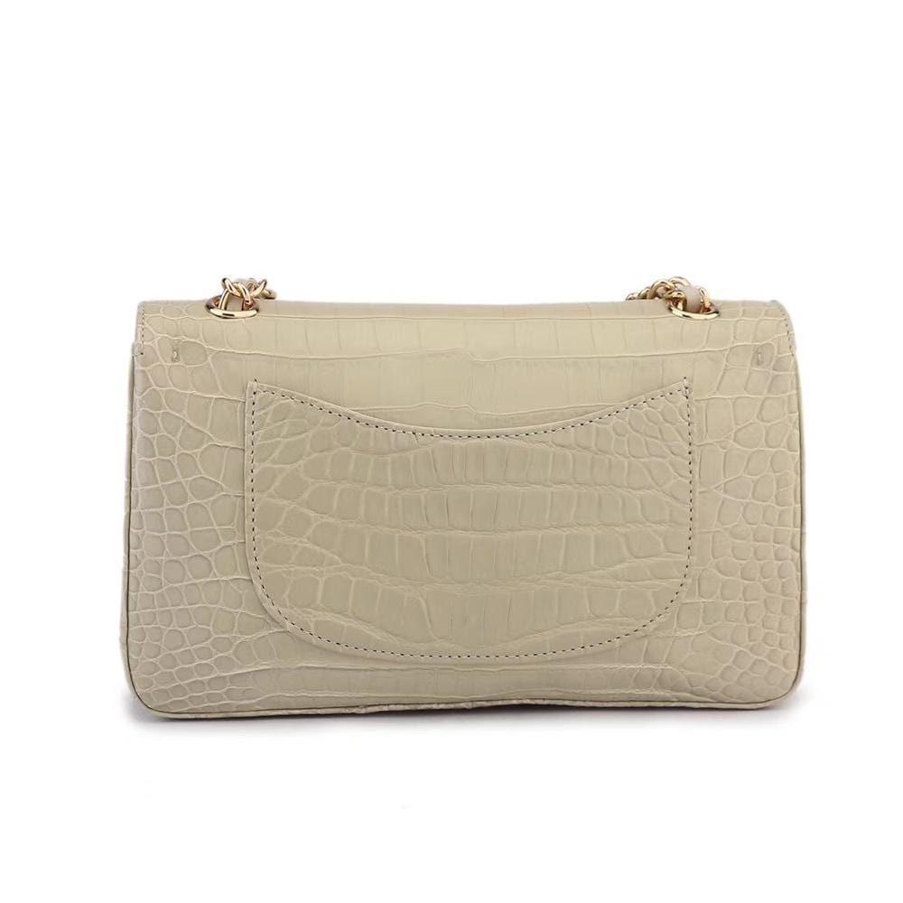 Beige crocodile leather classic flap chain shoulder bag for women by Rossie Viren, featuring a stylish and elegant handbag design.