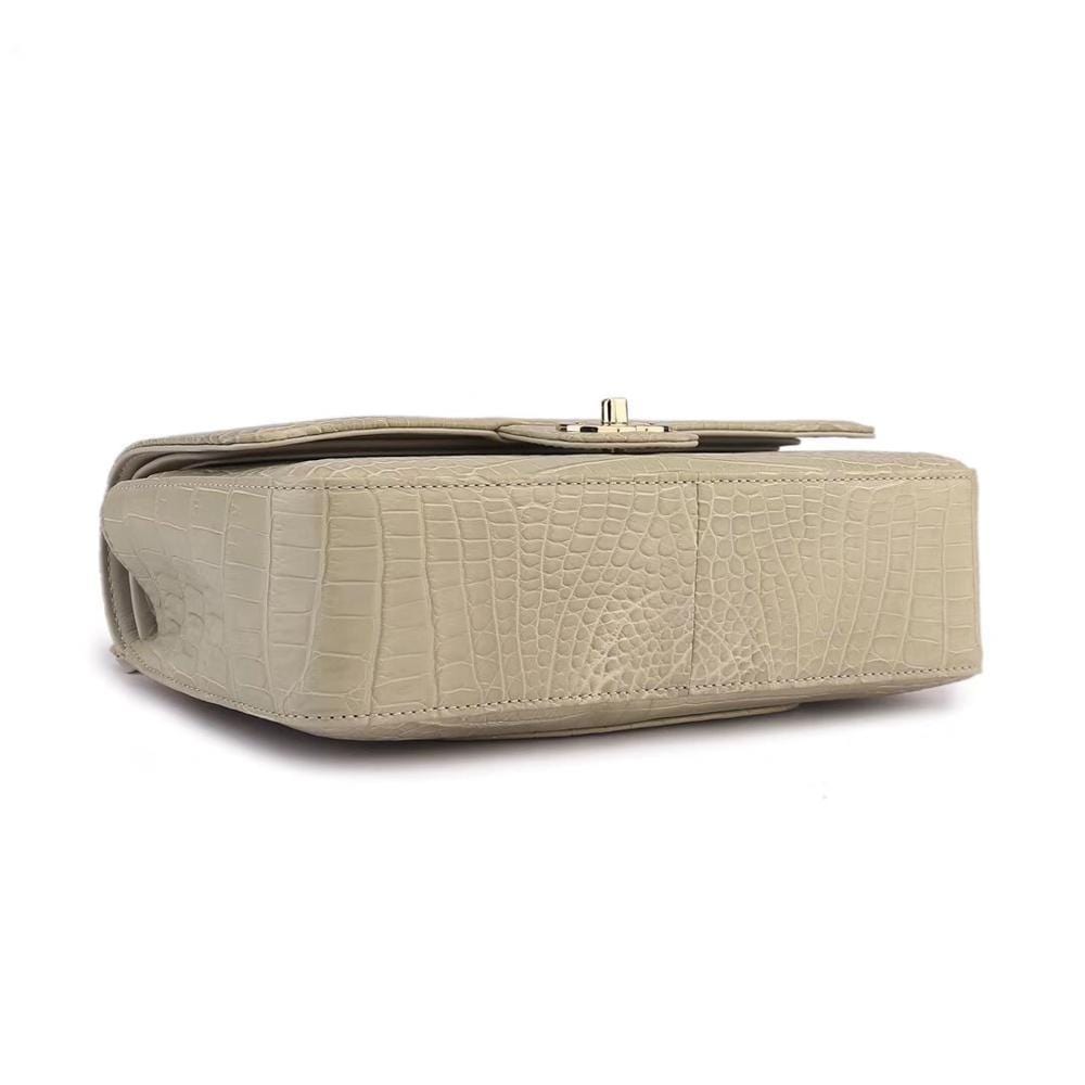 Beige crocodile leather classic flap chain shoulder handbag for women by Rossie Viren, featuring a stylish design and gold-tone chain strap.