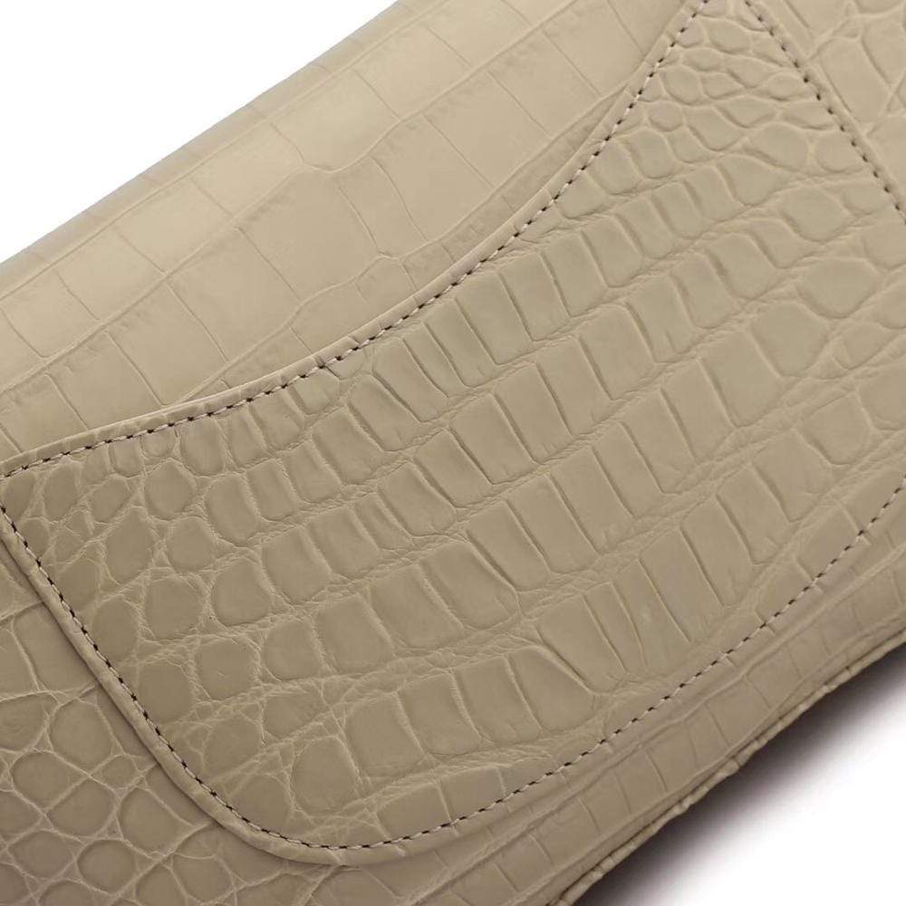 Beige crocodile leather classic flap chain shoulder handbag for women by Rossie Viren, featuring a sophisticated design and gold chain strap.