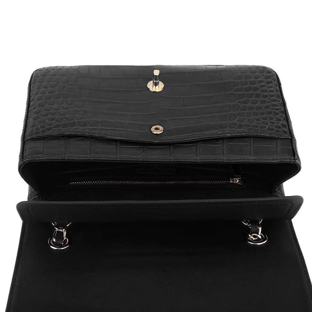 Black crocodile leather shoulder handbag with a classic flap and chain strap for women by Rossie Viren.