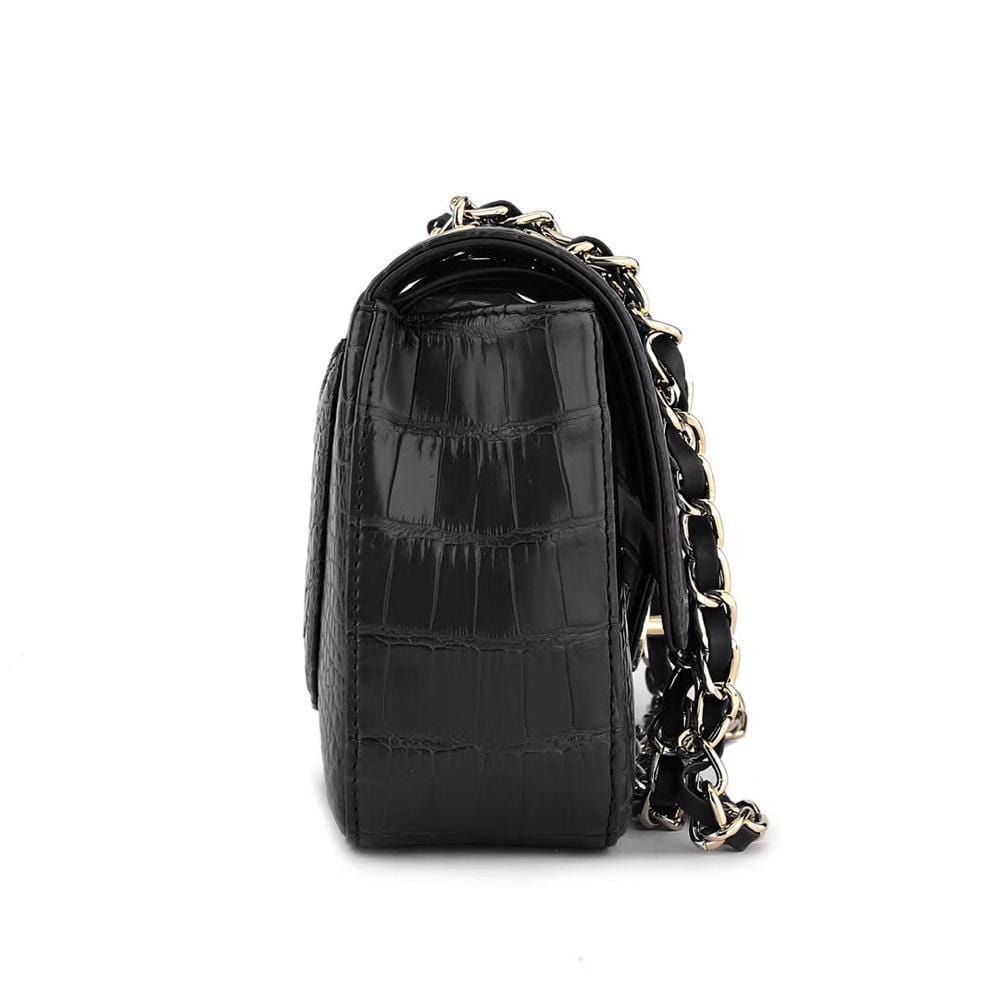 Black crocodile leather shoulder handbag with classic flap and chain strap for women by Rossie Viren.
