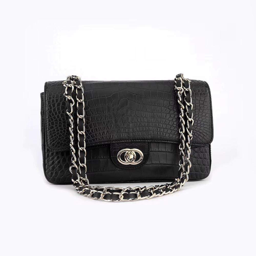 Black crocodile leather shoulder handbag with classic flap and chain strap by Rossie Viren for women.