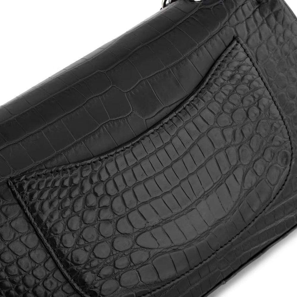 Black crocodile leather classic flap chain shoulder handbag for women by Rossie Viren, featuring a sleek and elegant design.