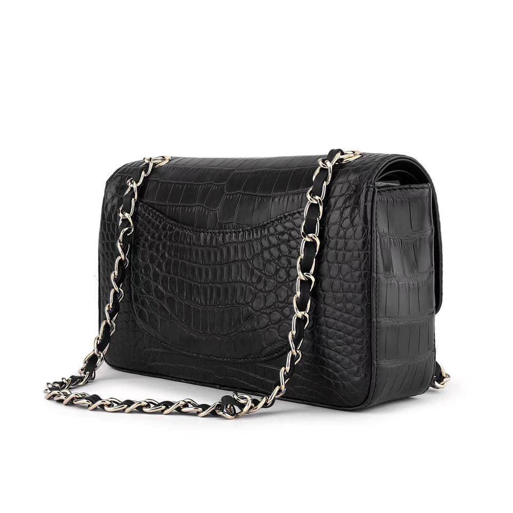 Black crocodile leather shoulder handbag with classic flap and chain strap for women by Rossie Viren.