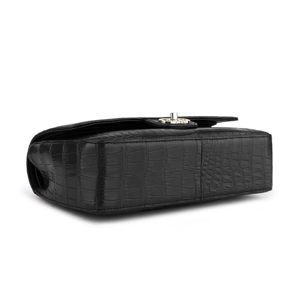 Black crocodile leather shoulder handbag with classic flap and chain strap for women by Rossie Viren.