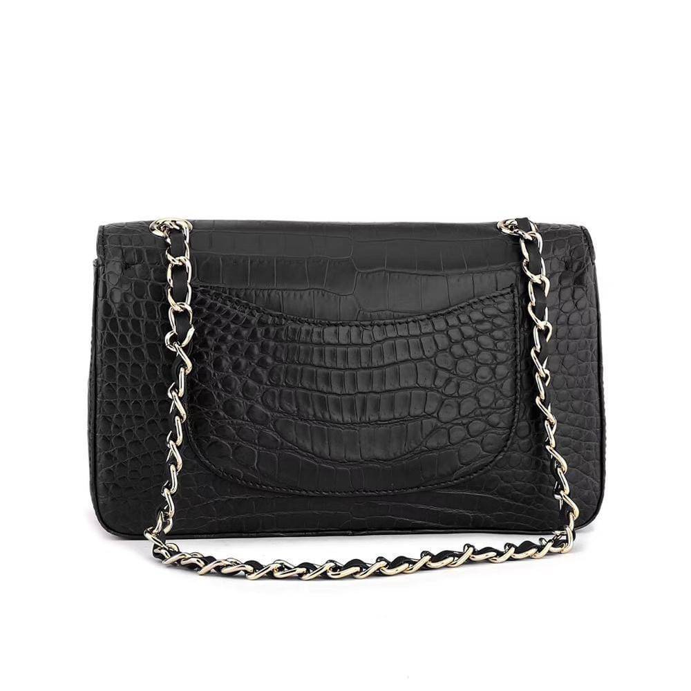Black crocodile leather classic flap chain shoulder bag for women by Rossie Viren, featuring a stylish and elegant handbag design.