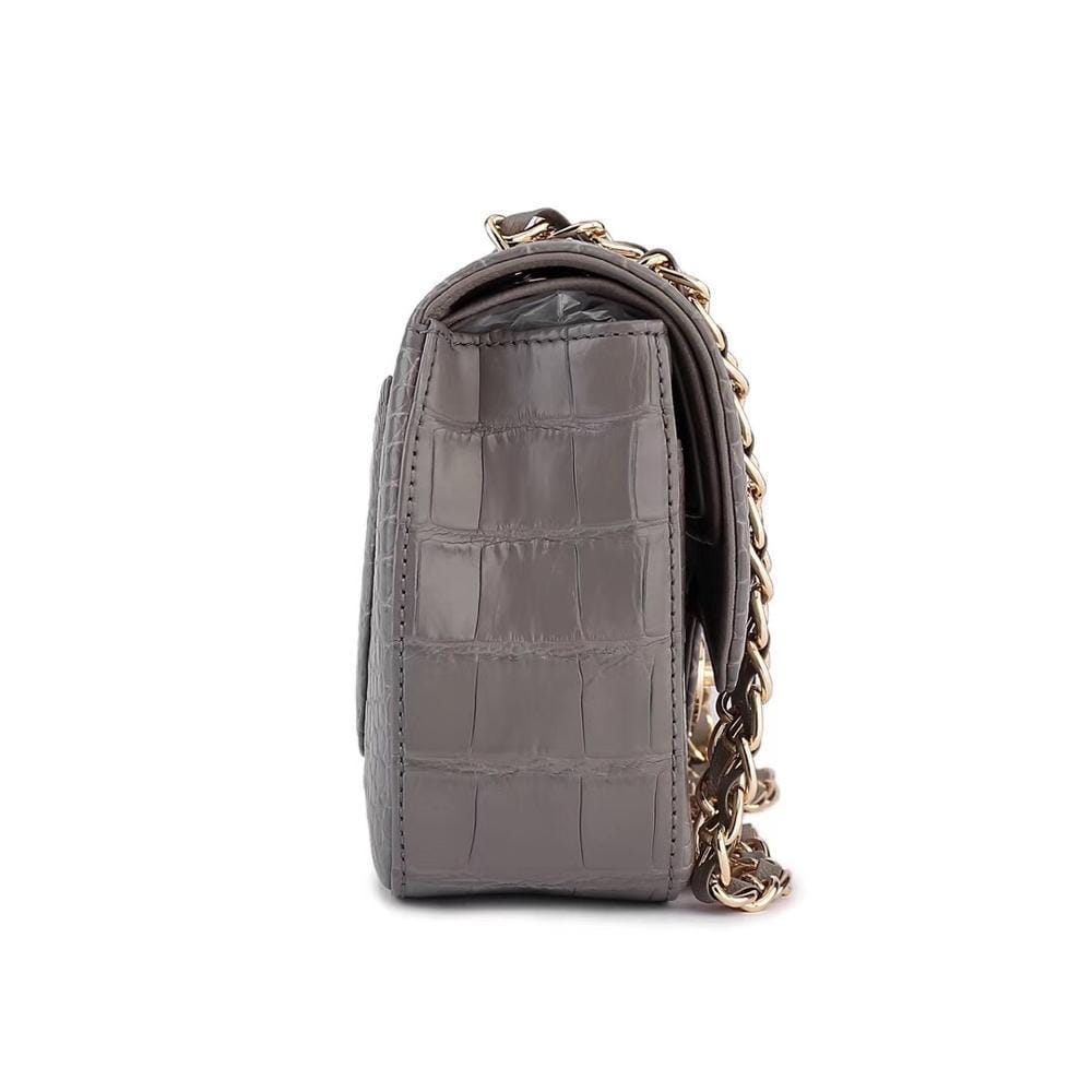 Grey crocodile leather shoulder handbag with classic flap and chain strap by Rossie Viren, stylish for women.