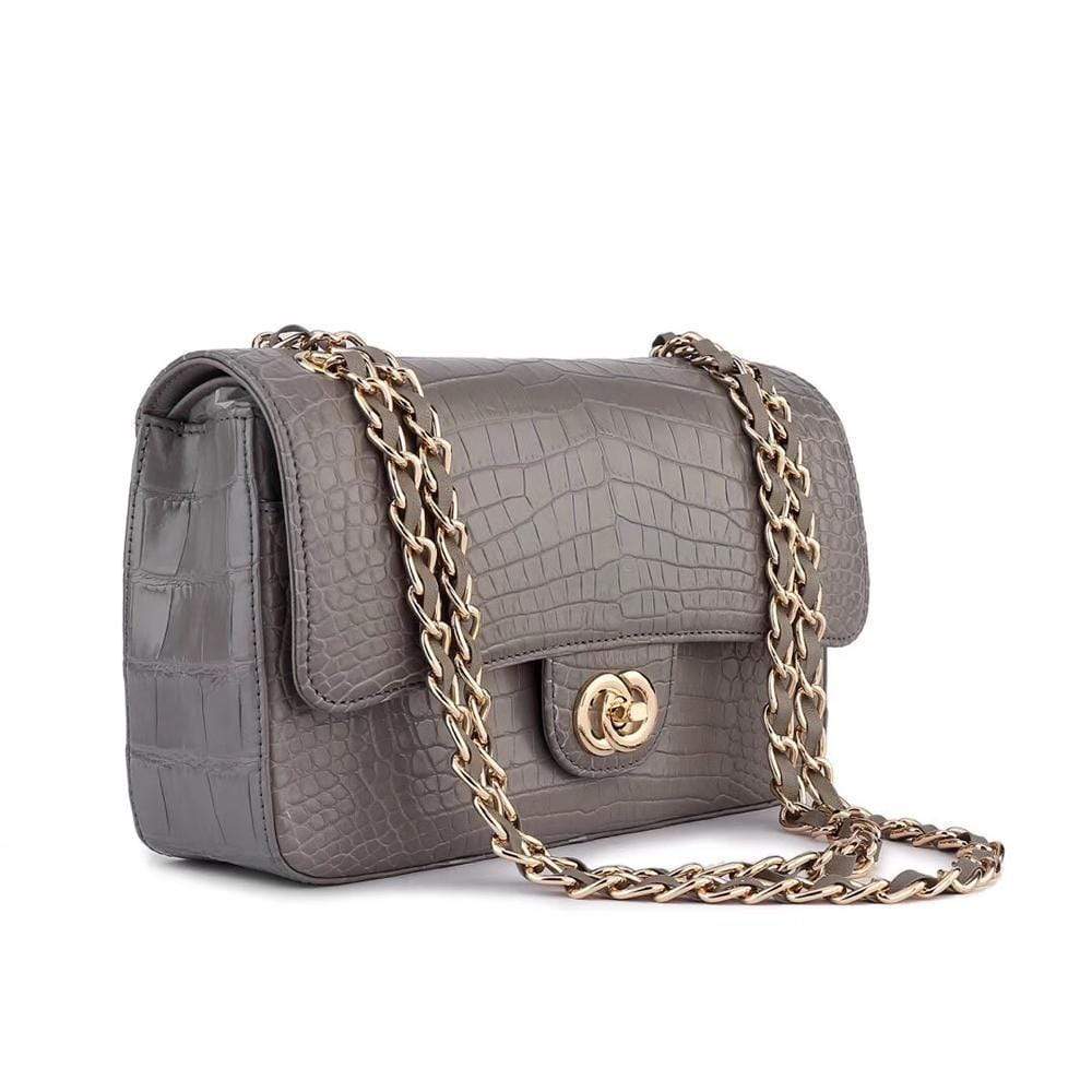 Grey crocodile leather classic flap chain shoulder handbag for women by Rossie Viren, featuring a stylish and elegant design.