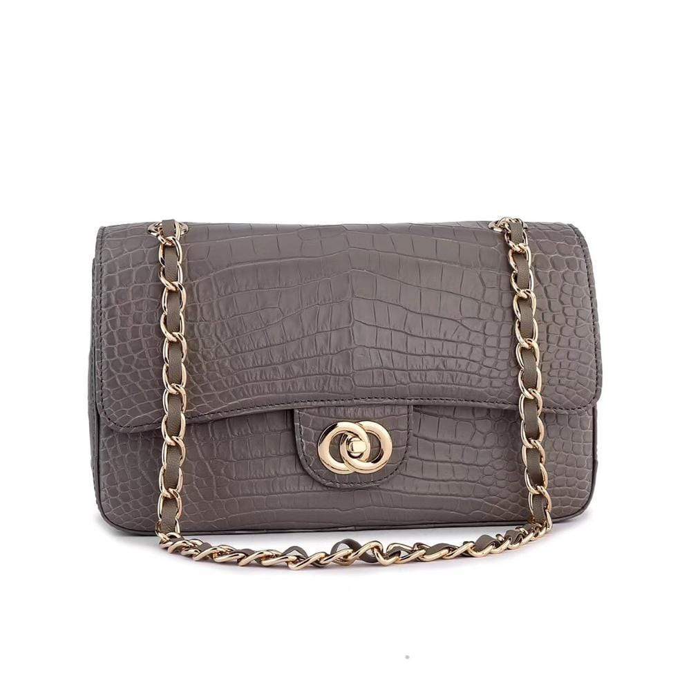Gray crocodile leather shoulder handbag with a classic flap and chain strap by Rossie Viren.