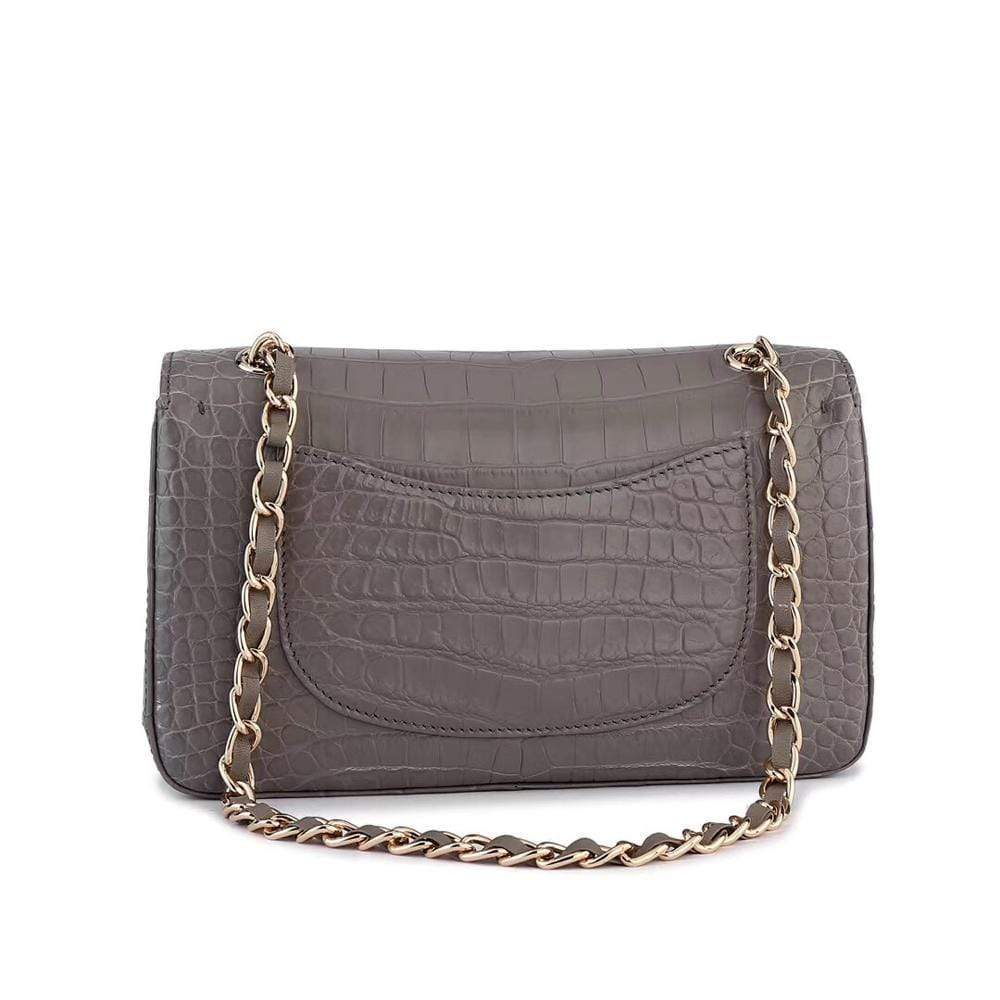 Gray crocodile leather shoulder handbag with classic flap and chain strap by Rossie Viren.