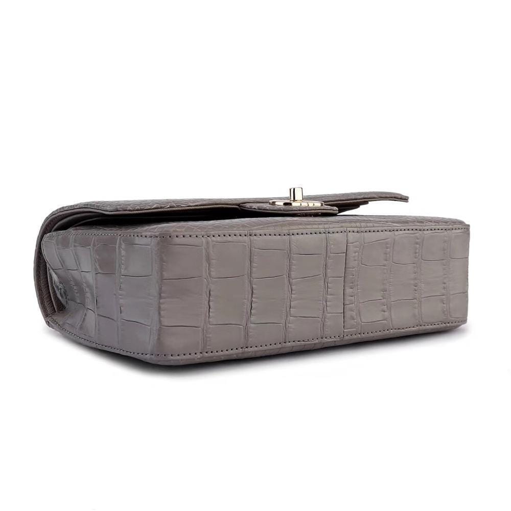 Grey crocodile leather classic flap chain shoulder handbag for women by Rossie Viren, featuring a sleek and sophisticated design.