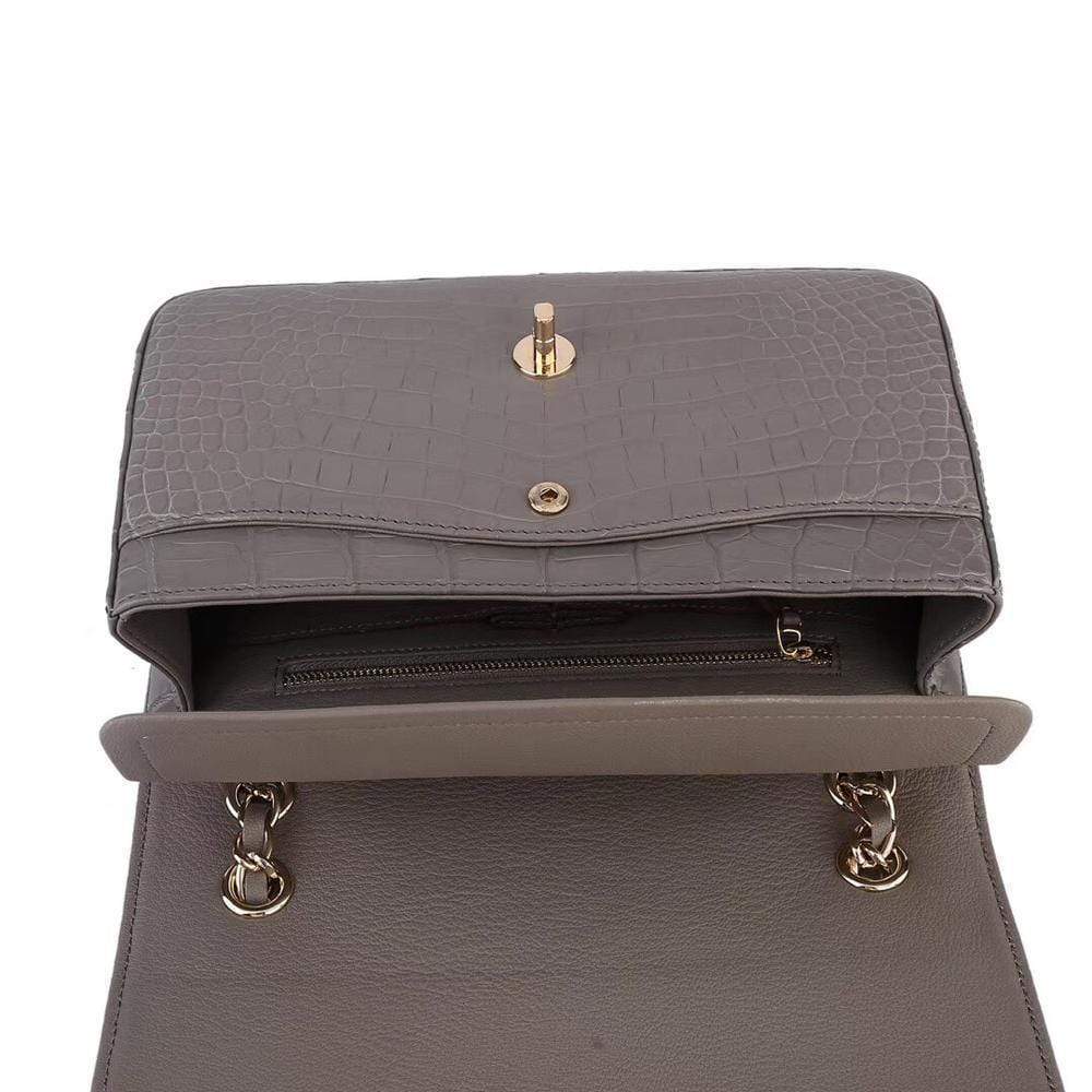 Grey crocodile leather shoulder handbag with classic flap and chain strap by Rossie Viren for women.