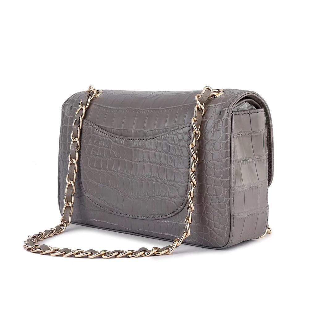 Grey crocodile leather classic flap chain shoulder handbag for women by Rossie Viren, featuring a stylish and elegant design.