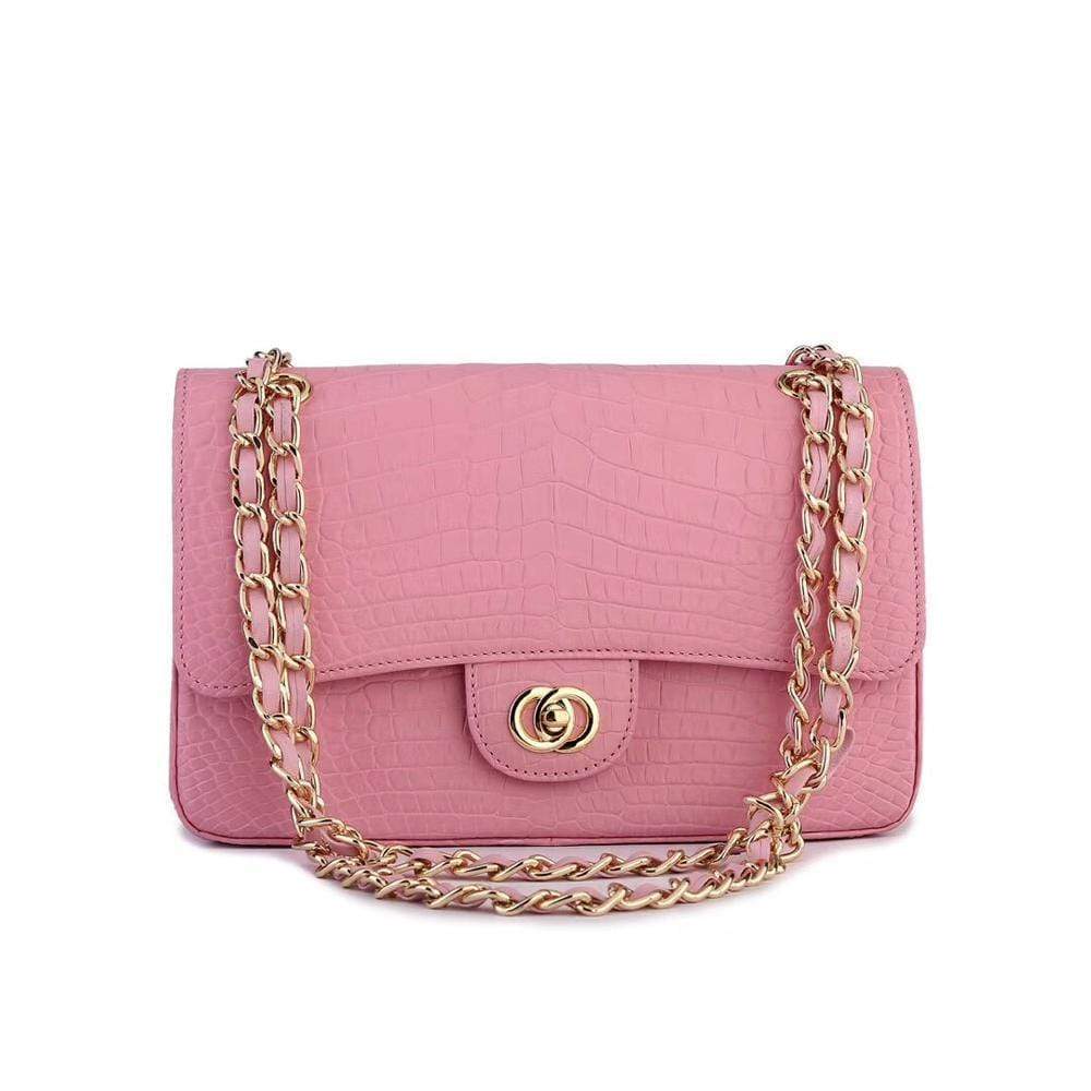 Pink crocodile leather shoulder handbag with classic flap and chain strap by Rossie Viren for women.