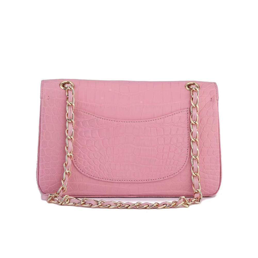 Pink crocodile leather shoulder handbag with classic flap and chain strap by Rossie Viren for women.