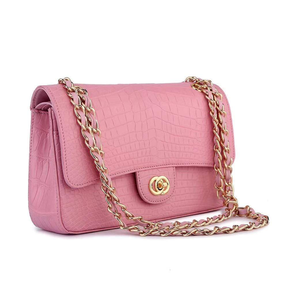 Pink crocodile leather shoulder handbag with classic flap and chain strap by Rossie Viren for women.