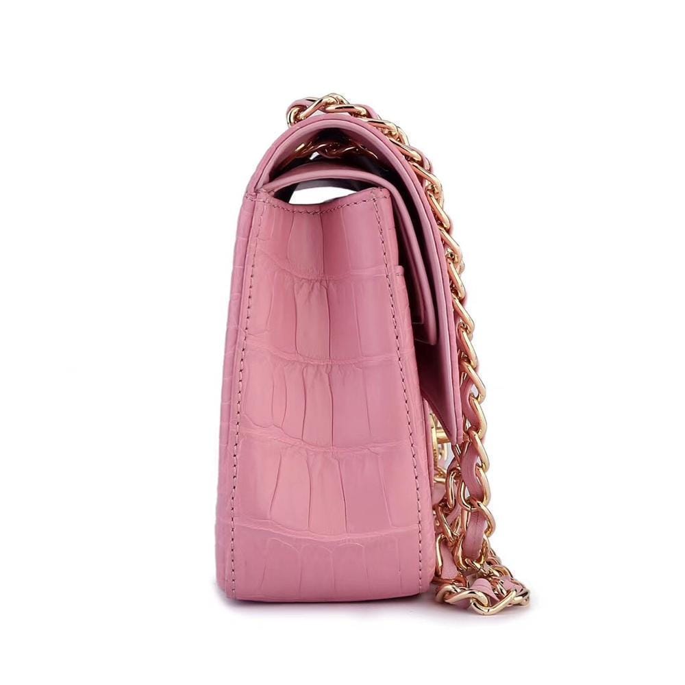 Pink crocodile leather classic flap chain shoulder handbag for women by Rossie Viren, featuring a stylish and elegant design.