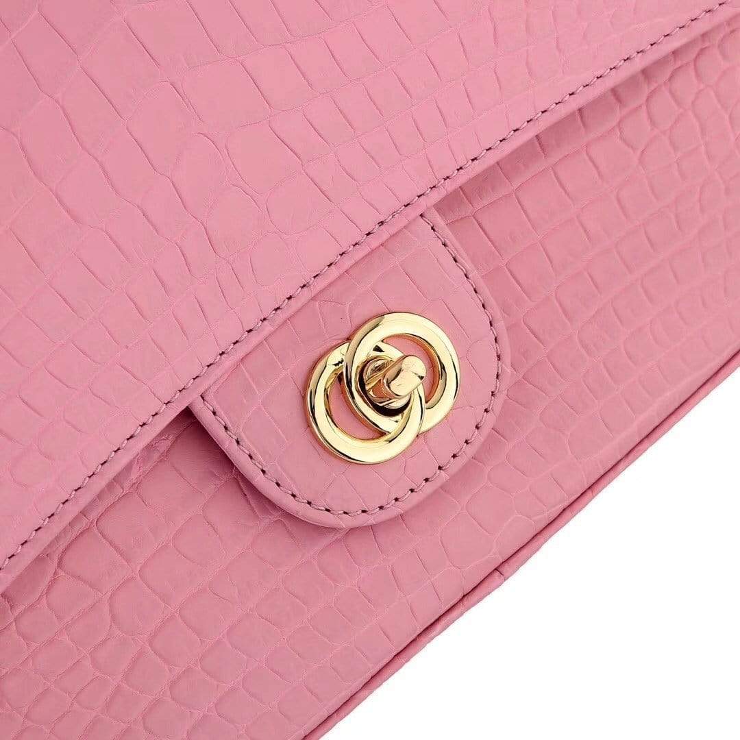 Pink crocodile leather shoulder handbag with classic flap and chain strap by Rossie Viren, stylish and elegant for women.
