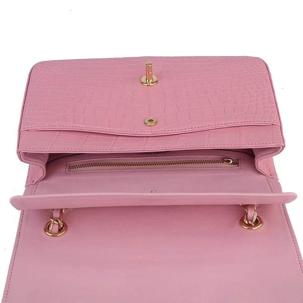Pink crocodile leather classic flap chain shoulder bag for women by Rossie Viren with elegant design and gold-tone chain strap.