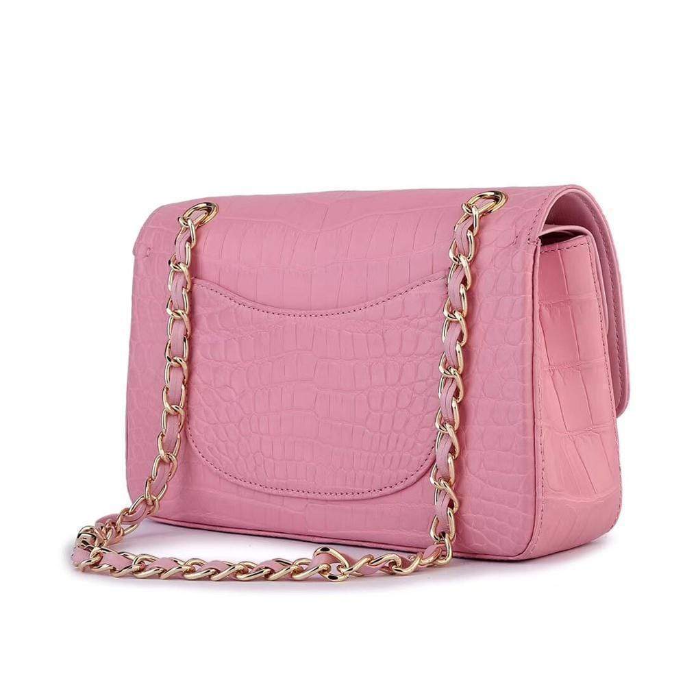 Pink crocodile leather classic flap chain shoulder bag for women by Rossie Viren, featuring a stylish and elegant handbag design.