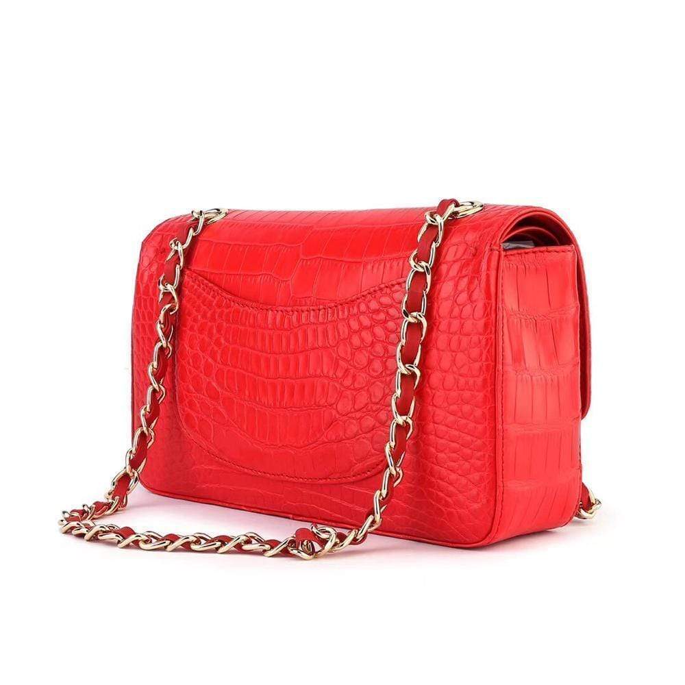 Red crocodile leather classic flap chain shoulder bag for women by Rossie Viren, featuring a stylish and elegant design.