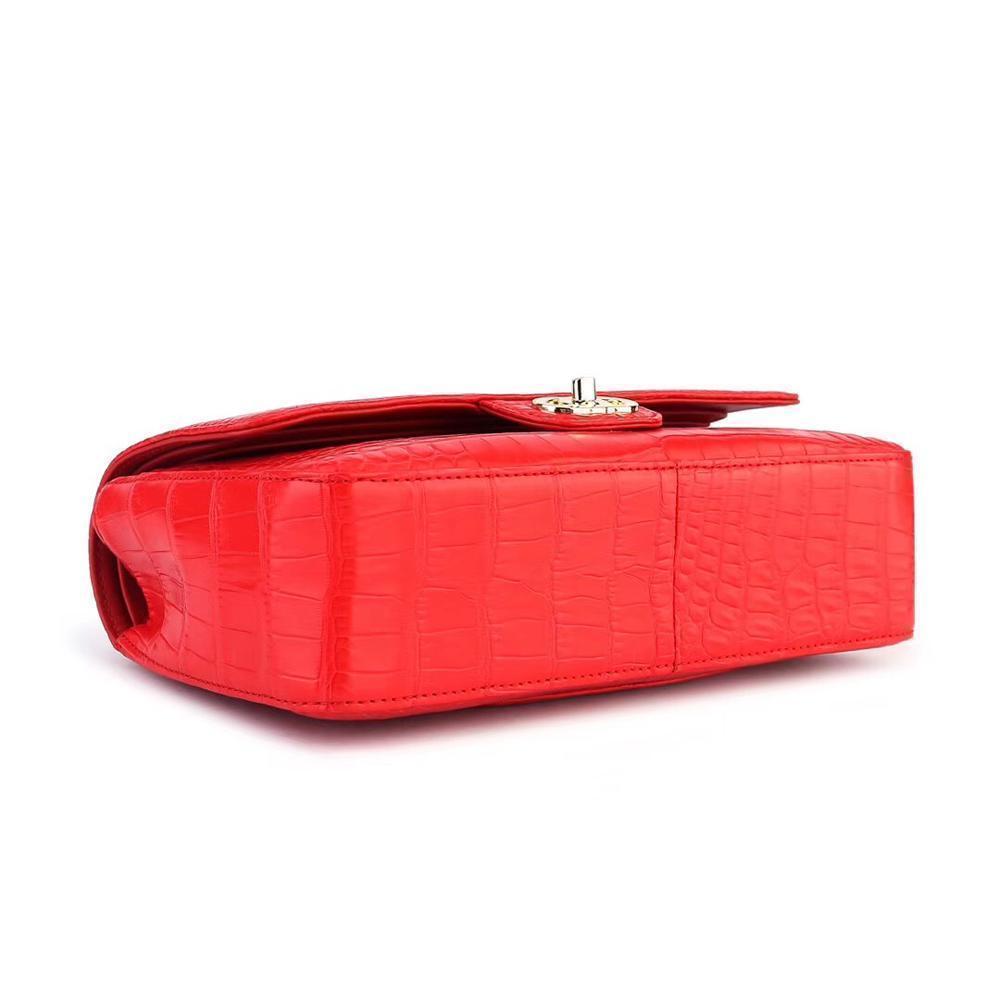 Red crocodile leather shoulder handbag with classic flap and chain strap by Rossie Viren for women.