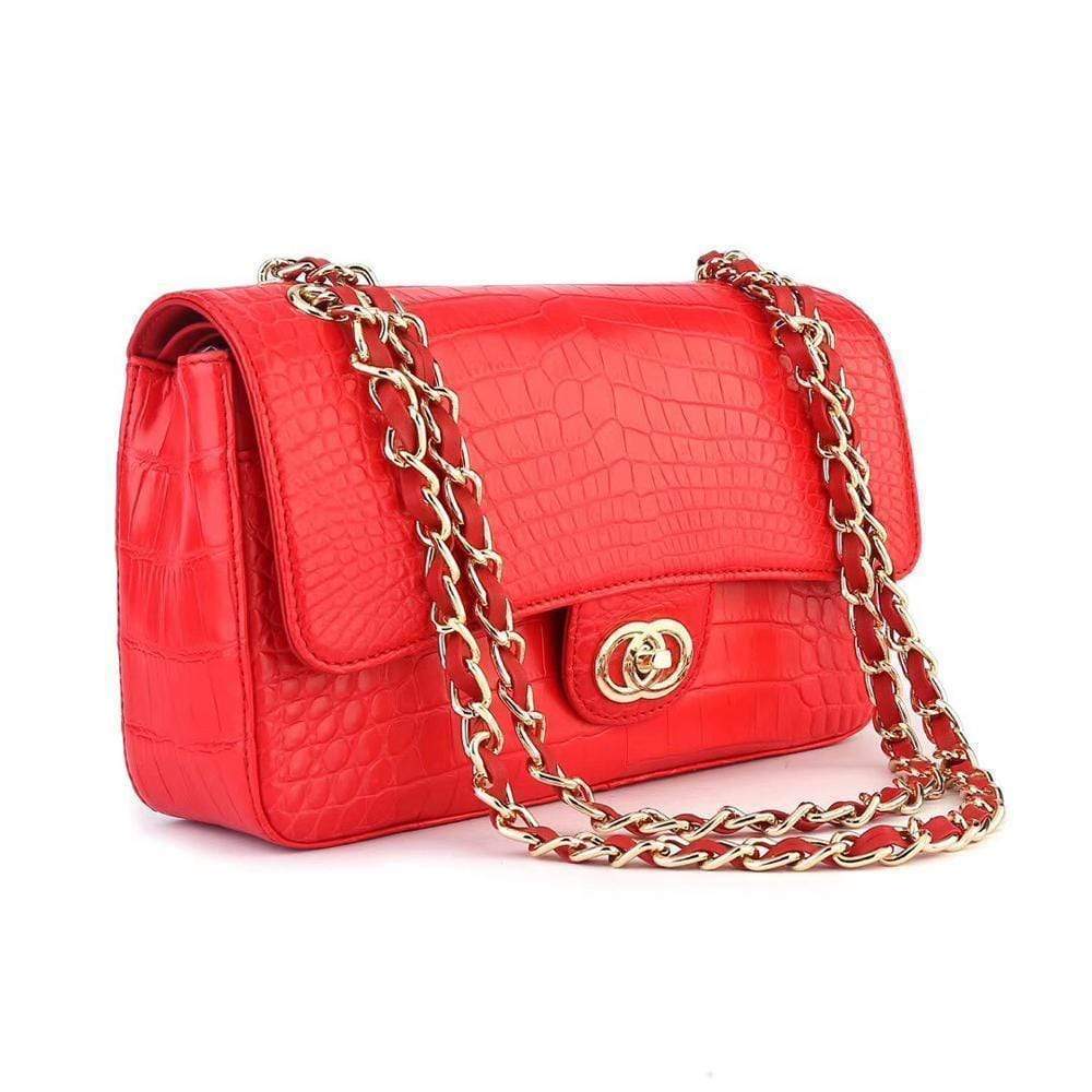Red crocodile leather classic flap chain shoulder bag for women by Rossie Viren, featuring a stylish and elegant handbag design.