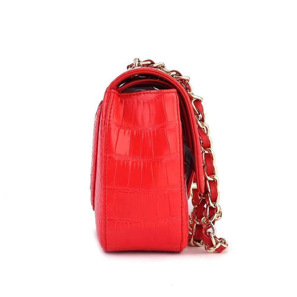 Red crocodile leather shoulder handbag with classic flap and chain strap by Rossie Viren, stylish and elegant for women.