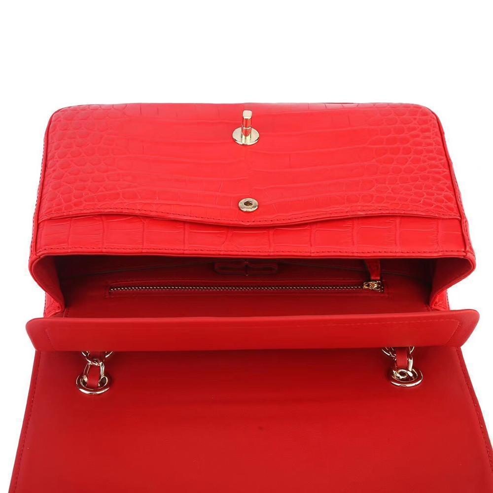 Red crocodile leather classic flap chain shoulder bag for women by Rossie Viren, featuring a stylish and elegant handbag design.