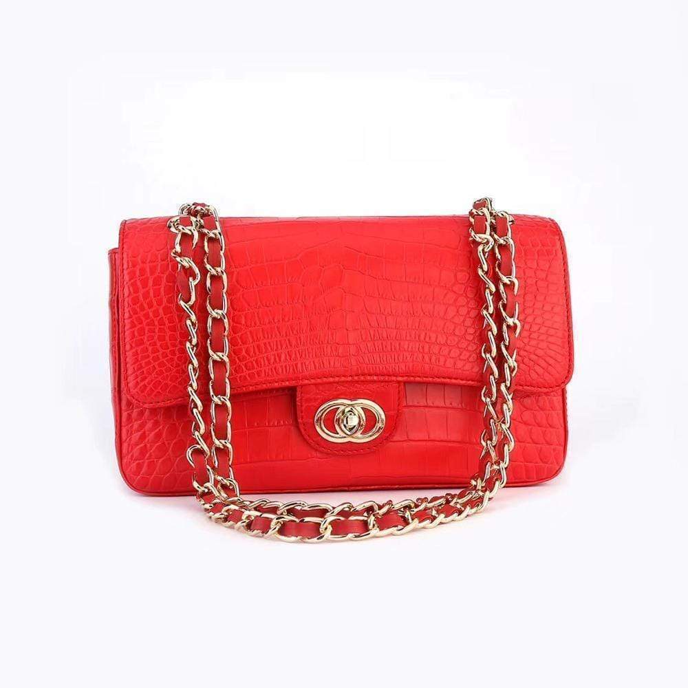 Red crocodile leather handbag with classic flap and chain shoulder strap by Rossie Viren, stylish women's shoulder bag.